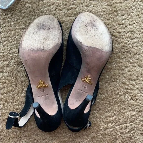 Prada Timeless Black Suede Open Toe Heels 7.5 - Picture 6 of 6